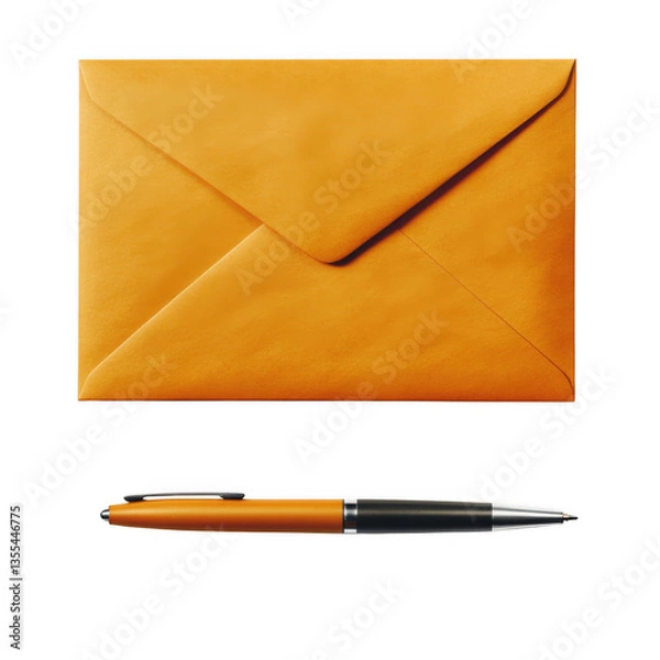 Fototapeta Bright orange envelope with a sleek black and orange pen on a transparent background ready for correspondence