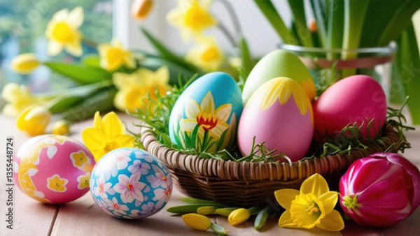 Obraz Close-Up Of Easter Eggs Surrounded By Spring Flowers On A Wooden Table, Capturing The Essence Of The Holiday In A Cozy Indoor Setting.
