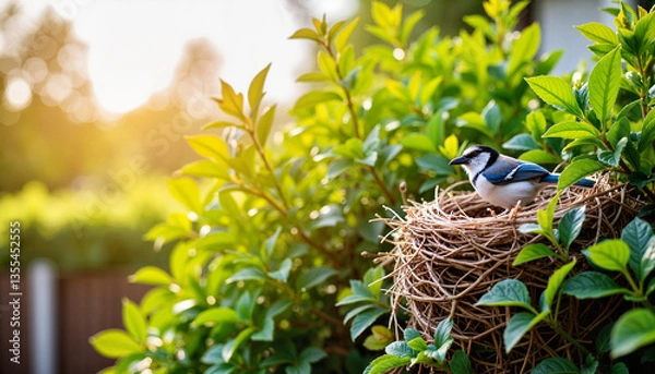 Fototapeta Jay bird nesting in garden hedge at sunrise, nature's harmony