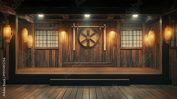 Obraz A samurai dojo stage with wooden swords