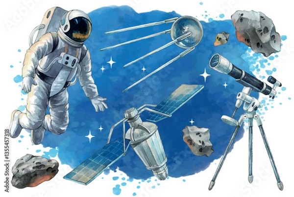 Fototapeta Watercolor set of space illustrations. An astronaut in spacesuit, satellites, telescope, meteorite and a starry sky. Watercolor cosmic illustration