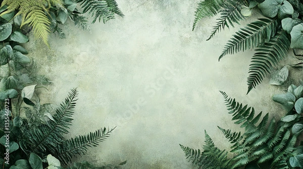 Obraz Green foliage border on a pale green textured background, creating a natural and serene frame, ideal for showcasing text or products, promoting nature-related themes or brands