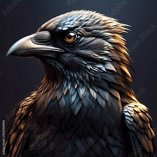 Obraz Majestic Stylized Black Raven Close-Up – Stunning Digital Art with Golden Highlights