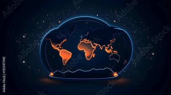 Fototapeta Glowing World Map in a Cloud Network