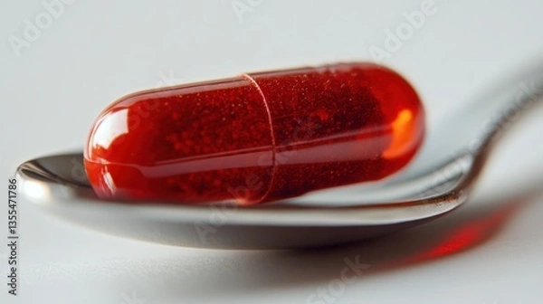 Obraz Close-up red pill on spoon vitamin B12