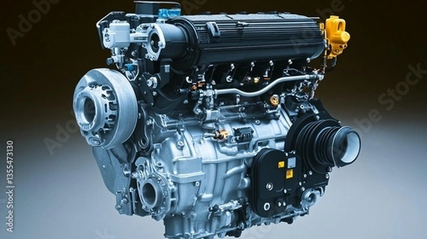 Fototapeta Close-up of a powerful, modern internal combustion engine, showcasing its intricate components and robust design.