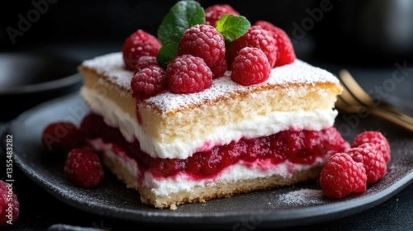 Obraz Layered cake with raspberries and cream