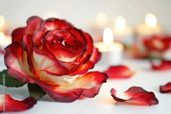 Obraz A lovely fake rose with red and white petals at the grave surrounded by glass candleholde