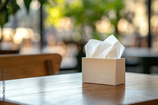 Fototapeta a tissue box on a bare wooden table with a blurred outdoor view in a cafe