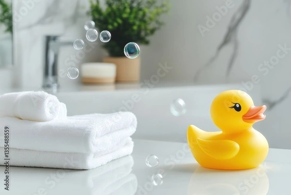 Fototapeta Adorable rubber duck on a white bathroom counter with soap bubbles horizontal layout roo