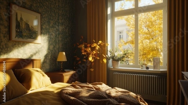 Fototapeta Sunlit Bedroom with Cozy Bed and Autumn View Through Window