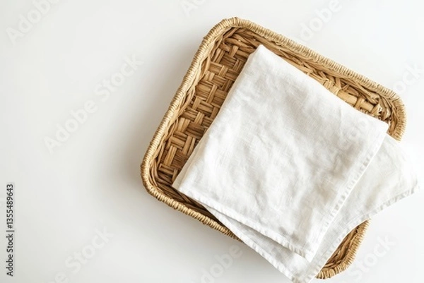 Fototapeta Arrangement of a linen tea towel on a wicker tray against a white backdrop