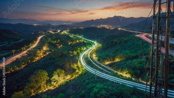 Fototapeta Enhancing digital connectivity with fiber optic cables running through lush landscapes and urban settings