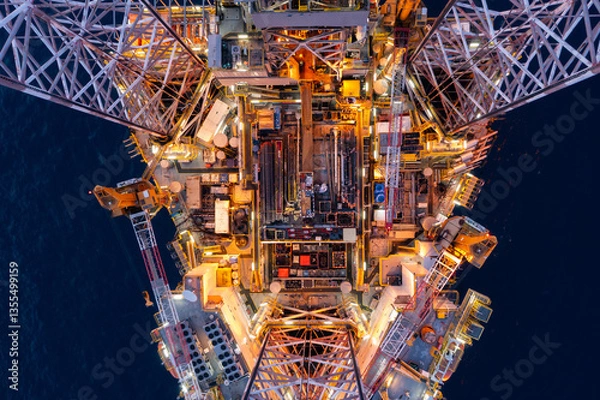 Obraz Aerial top view of silhouette offshore jack up drilling rig during sunset - oil and gas industry.