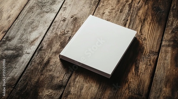 Obraz Blank white square book mockup on rustic wooden surface.