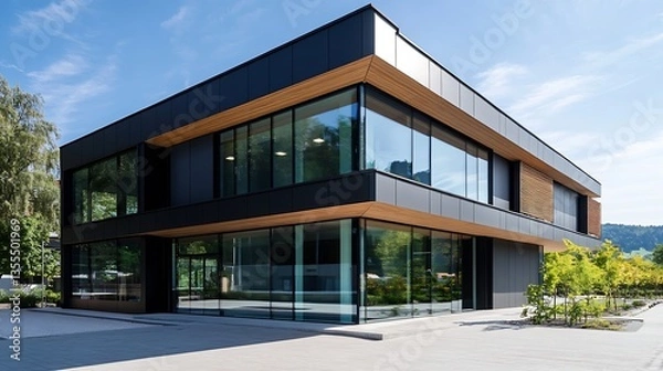 Fototapeta Contemporary architecture of a modern house with large glass windows and wooden accents : Generative AI