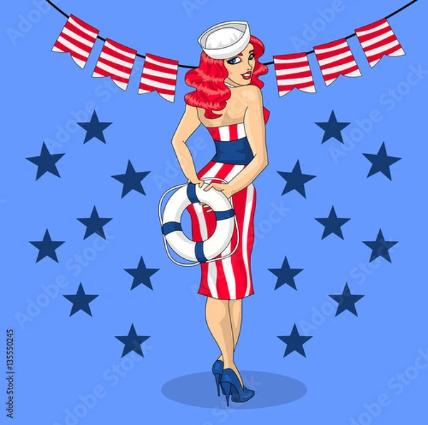 Fototapeta American Pin up girl illustration with sailor hat and 4th of July elements