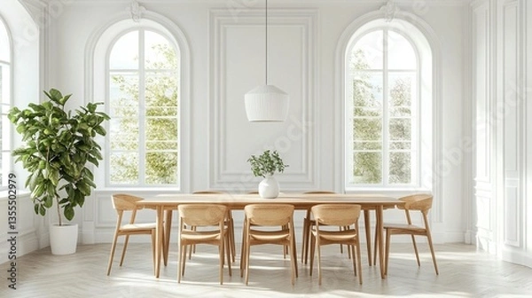 Fototapeta Bright dining room with large windows, wooden table and chairs, and a potted plant.