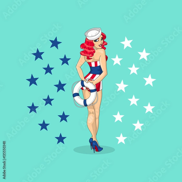 Fototapeta American Pin Up girl sailor in shorts illustration with lifesaver and 4th of July themed background