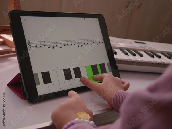 Obraz Child choosing correct answer on tablet music app hands close-up.
