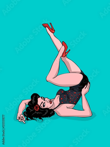 Fototapeta Classic American pin up girl illustration with legs up in the air and polka dot outfit