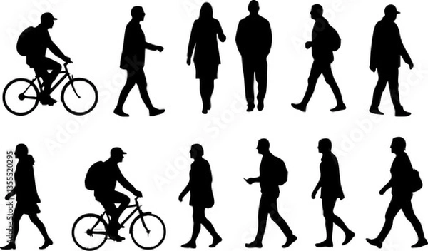 Fototapeta Collection of black silhouette illustrations showing people walking, standing, and cycling against a white background Ideal for graphic design, or.