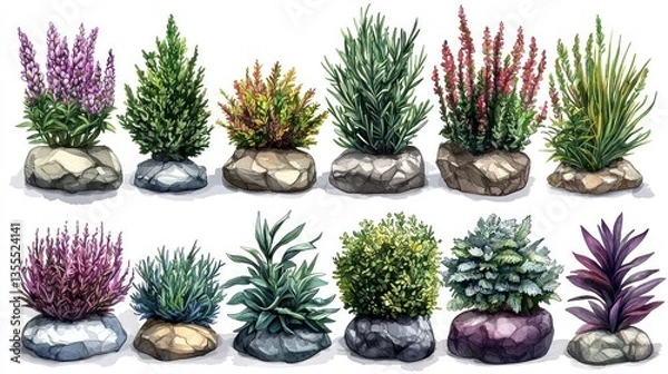 Fototapeta Collection of diverse shrubs planted in rocks, ideal for landscaping design