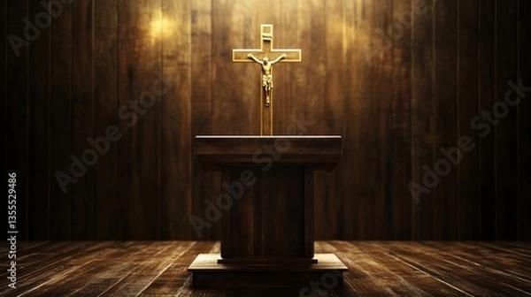 Fototapeta A wooden church podium with a golden cross on it. 