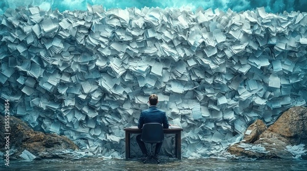 Obraz Man overwhelmed by massive paperwork wall