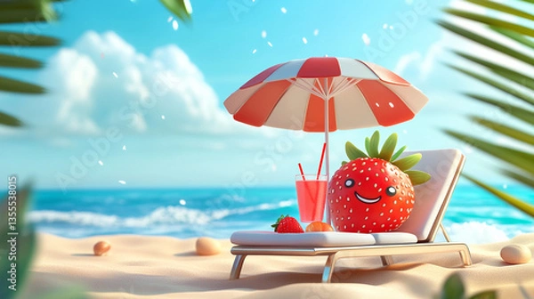 Obraz Smiling Strawberry Relaxing on Sunbed – Cute Beach Scene with Drink and Umbrella

