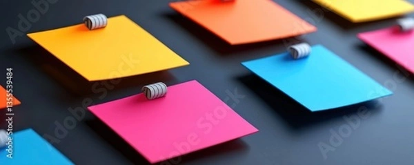 Fototapeta Colorful sticky notes arranged on a dark surface, ideal for brainstorming or reminders