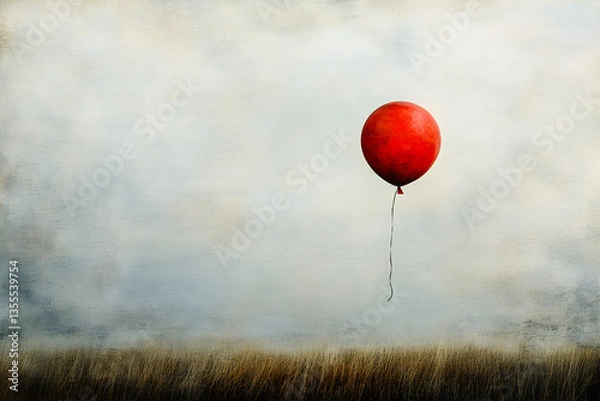 Fototapeta Solitary Red Balloon in a Grey Sky: A Symbol of Whimsy and Freedom Against the Mundane