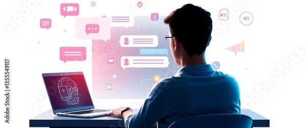 Obraz A person working on a laptop at a desk in an office environment, typing on the keyboard and using technology to communicate online