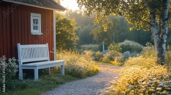Fototapeta Swedish summer garden with wildflowers, berry bushes, and red cottage near a white bench under birch tree

