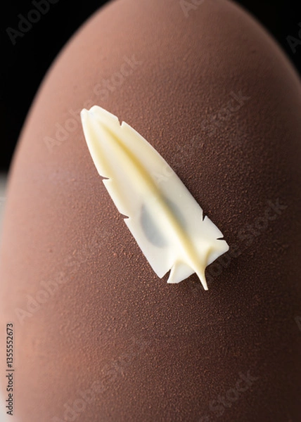 Obraz Close-up of a delicate white chocolate feather decoration on the surface of a textured, matte-finish chocolate egg. Easter cake decorating. Selective focus.