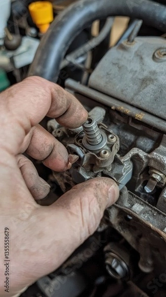 Fototapeta Reinstalling newly cleaned coolant radiator core garage mechanical maintenance indoor close-up view high fidelity imaging