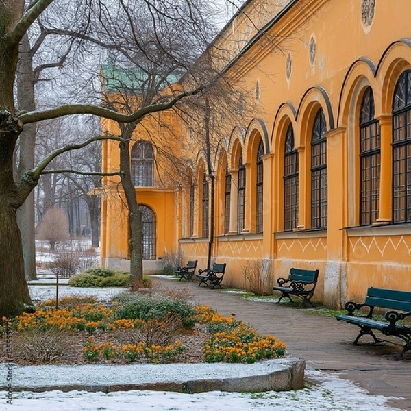 Fototapeta Peaceful Urban Park with Scenic Architecture and Tranquil Greenery in Springtime
