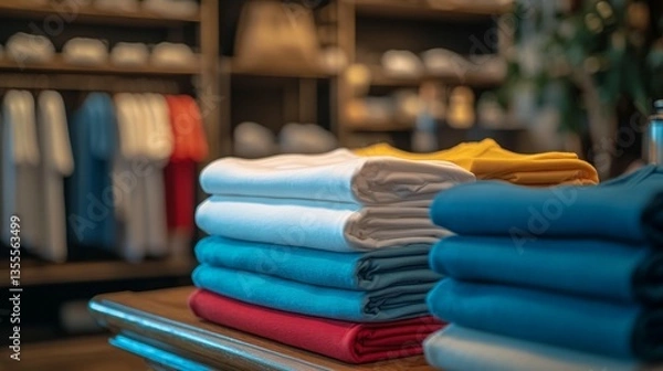Fototapeta Neatly folded stacks of colorful t-shirts displayed on a wooden table in a clothing store.