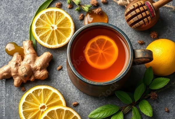 Fototapeta Aromatic immunity tea in rustic cup, surrounded by vibrant ginger, lemon, honey, and herbs on a textured surface,  rustic, ginger