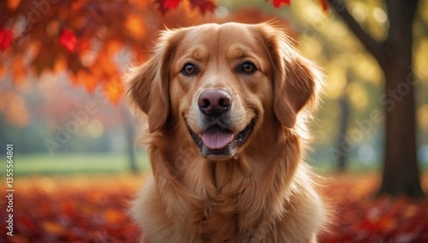 Fototapeta Close-up portrait of a red dog in autumn set against a backdrop of red and yellow leaves.