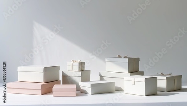 Fototapeta A variety of boxes and packages arranged on a white background, with each one photographed individually.