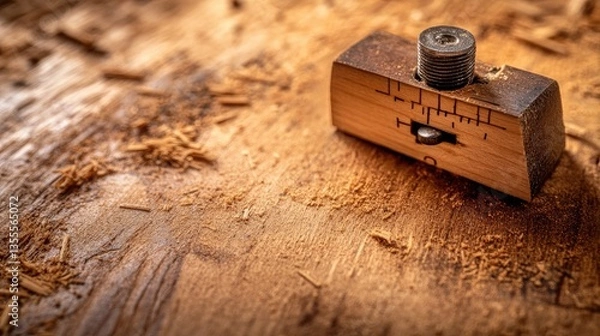 Fototapeta A carpenter's marking gauge set on a freshly cut wooden surface with precise markings.