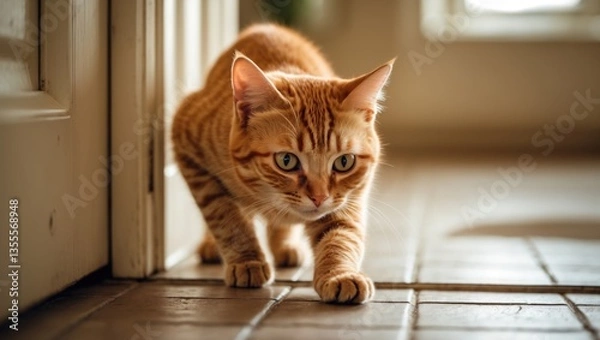 Fototapeta Curious cat exploring at home, playing hide and seek.