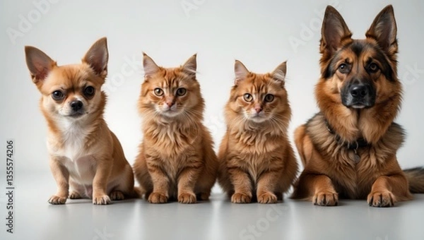Fototapeta Group of dogs and cats sitting in front of a backdrop
