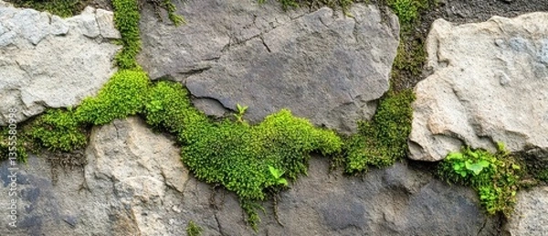 Fototapeta Lush Green Moss Growing on Ancient Gray Stone Wall, Natural Texture in Urban Landscape, Nature's Resilience and Beauty