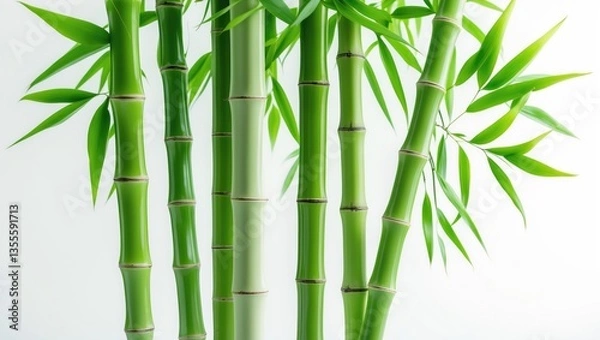 Fototapeta Green bamboo with leaves cut out on a white background featuring a clipping path and complete depth of field.