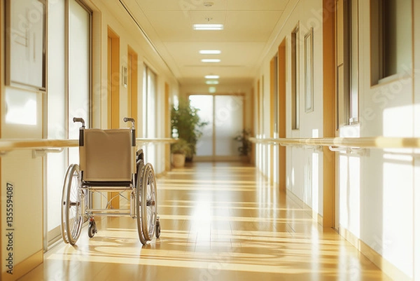 Obraz 介護施設の廊下と車椅子、訪問介護・福祉イメージ