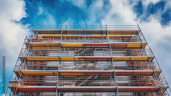 Fototapeta Modular scaffolding system assembled on a large-scale commercial construction project.
