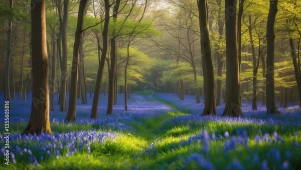 Fototapeta Panoramic view of a beautiful spring woodland forest featuring a Bluebell carpet.