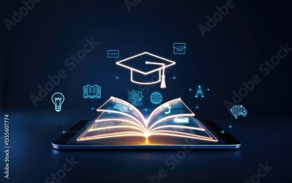 Obraz Digital Learning Unveiled: An illuminated open book projects a cap and other education icons hovering over a digital tablet, symbolizing the dynamic future of education